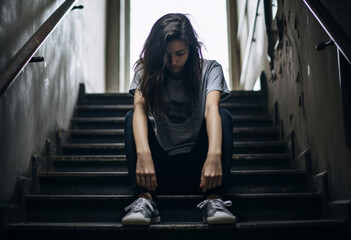 A raven hair girl teenage in grey shirt black jean and sneakers depression sitting on a dark building steps indoors