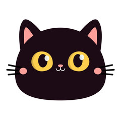 Wall Mural - Black cat round face silhouette icon. Cute cartoon funny baby character. Kitten with big yellow eyes. Pink ears, nose, cheek. Funny kawaii animal. Pet collection. Flat design. White background.