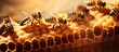 Bees tend to the Queen Bee's offspring near honeycomb cells.