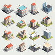 Set of modern isometric buildings and houses for sites and games