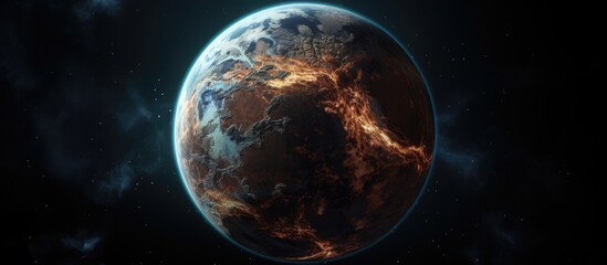 Wall Mural - Exoplanet resembling Earth, depicted in 3D on black background.