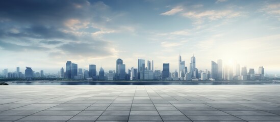 Sticker - Empty concrete square floor surrounded by panoramic skyline and buildings.