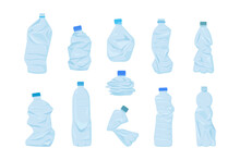 crumpled plastic bottles. Unhygienic broken garbage rubbish trash refuse water bottles, environment contamination recycling wastes. vector cartoon minimalistic objects collection.