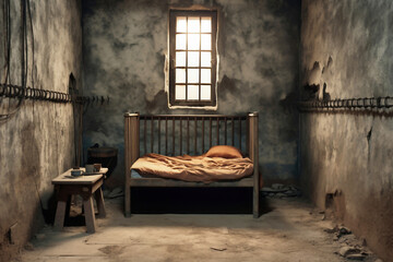 Wall Mural - Single old prison cell for holding dangerous criminals. Prison cell in the basement. Interior of a solitary cell for prisoners.