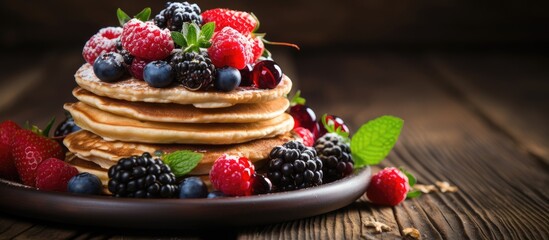 Canvas Print - Berry fruit, honey, and buckwheat pancakes on a vintage wooden table.