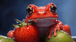 Red tree frog with a strawberry