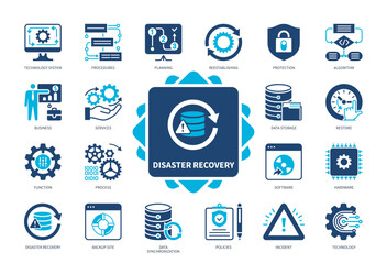 Disaster Recovery icon set. Incident, Backup Site, Procedures, Planning, Data Storage, Reestablishing, Technology System, Data Synchronization. Duotone color solid icons