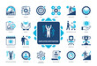 Employee Motivation icon set. Workplaces, Productivity, Analysis, Scientific Management, Qualification, Promotion, Career, Prize. Duotone color solid icons