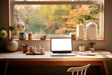 Cozy interior of a modern workplace with a laptop at home in Scandinavian style