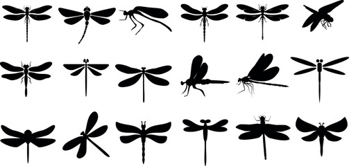 Wall Mural - Dragonfly silhouette vector illustration, nature-inspired, summer-themed design. Various poses of dragonfly, flying, resting, perched dragonflies. wildlife, entomology, biology, science-related design