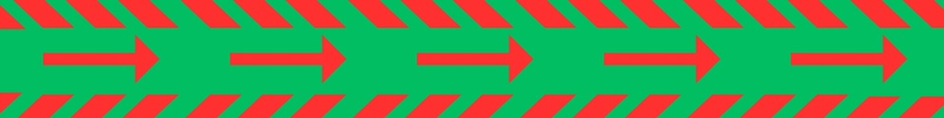 Wall Mural - Red zebra strip and arrow direction sign on green background tape. Reflective tape for navigation 