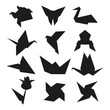 Origami Folded Paper Shapes: Bird, Crane, frog, butterfly, box, tulip. Flat Illustration Set Collection. Black silhouette icon
