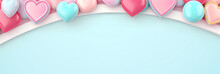 Valentine's Day Background, With 3D Hearts, With Copy Space, In Candy Pastel Color. On A Blue Background, Bright And Rich For Design.