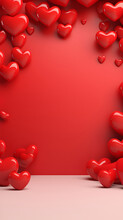 Red Podium Background For Product, Symbols Of Love For Women's Holiday, Valentine's Day, 3D Rendering.