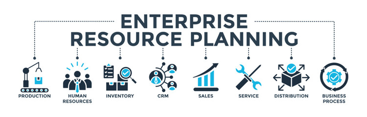 Poster - Enterprise Resource Planning concept with icon of production, human resources, inventory, crm, sales, service, distribution, business process. Banner web icon vector illustration