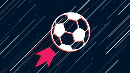 Wall Mural - Football symbol flies through the universe on a jet propulsion. The symbol in the center is shaking due to high speed. Seamless looped 4k animation on dark blue background with stars