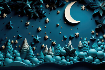 Wall Mural - Applique of stars, moon and forest on a blue background