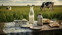 A Bottle Of Milk And A Plate Of Cheese On The Table On The Background Of A Field Of Cows