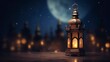 Ramadan kareem islamic mosque lantern with moon, Eid mubarak greeting, copy space with generative ai