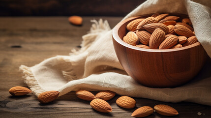 Wall Mural - Peeled almonds in a cedar plate on a wooden background.