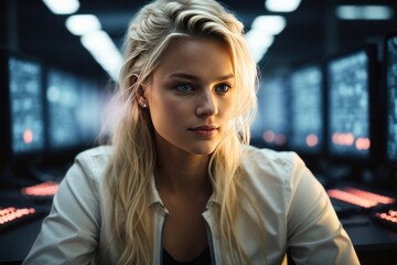 Poster - A blonde hacker woman works at a computer in an office with a lot of modern equipment and technologies. Illegal actions, cybersecurity, cybercrime concepts.