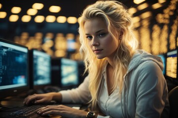 A blonde hacker woman works at a computer in an office with a lot of modern equipment and technologies. Illegal actions, cybersecurity, cybercrime concepts.
