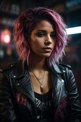 Poster - A close-up of a beautiful hacker woman with dyed pink hair and wearing a black leather jacket in a dark room with bright multicolored neon lights.