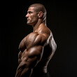 Portrait of a bodybuilder, muscular handsome shaved, 30 years old, with emphasis on head and arms, side view
