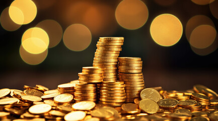 Sparkling new golden coins stacks on bright light glowing bokeh background, business finance wealth and success concept.