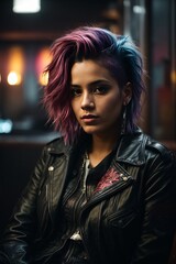 Poster - A close-up of a beautiful hacker woman with dyed pink hair and wearing a black leather jacket in a dark room with bright multicolored neon lights.