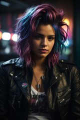 Poster - A close-up of a beautiful hacker woman with dyed pink hair and wearing a black leather jacket, with a direct look at the camera.