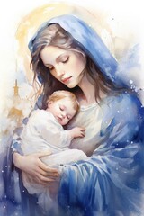 Wall Mural - Watercolor Nativity Illustration Featuring Maria and Infant Jesus