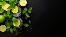 Mojito With Rum Lime Mint And Ice On Black Background