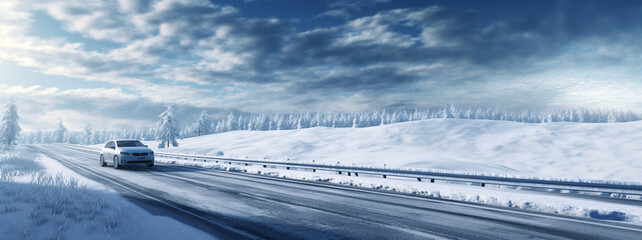 car on winter  road with snow..Snowflakes and forest of frost.Cold december day. concept of bad driving conditions