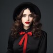 © KRvisualPRO - Girl, young woman model in New Year's clothing style in red, white and black colors: background, splash, glamorous, chic, postcard, minimalism, aesthetics, haute couture, fashion, photo shoot. Ai