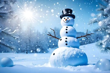  merry christmas and happy new year greeting card with copy-space happy snowman standing in christmas landscape.snow background.winter fairytale.--