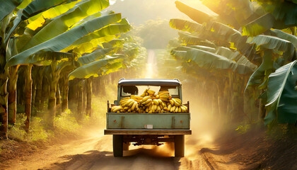 Rear view of a pick-up truck full of ripe yellow bananas, on a dirt road through a tropical cultivation of bananas.