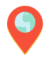 Poster - Planet earth location pinpoint 2D cartoon object. Discovering traveling pin isolated vector item white background. World map exploration. Globe direction navigation color flat spot illustration