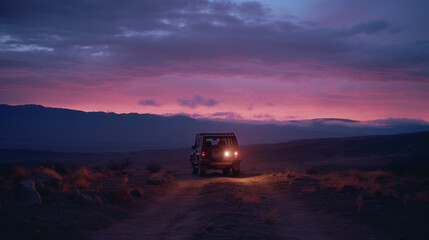 Poster - A captivating portrayal of off-road vehicles trailblazing through challenging terrain under the twilight sky.