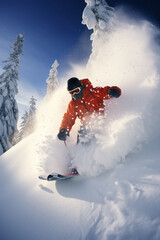 Leinwandbilder - Snowboarders and skiers engaging in freeride adventures on untouched powder snow, emphasizing the exhilarating freedom of winter sports.