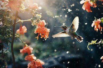 Aufkleber - An enchanting moment frozen in time, as hummingbirds flit amidst tropical flowers, creating a harmonious dance in the air.