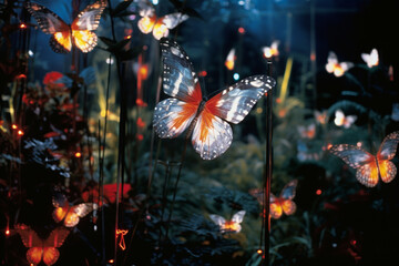 Leinwandbilder - A captivating image of abstract butterflies forming a luminous lattice, their wings adorned with tropical hues and intricate designs.