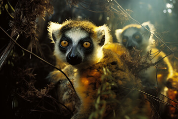 Leinwandbilder - An abstract portrayal of lemurs in layers of movement and energy, blending seamlessly with the textures of the tropical forest.
