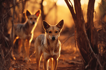 Aufkleber - An abstract representation of dingoes in a dynamic dawn setting, their sleek forms adding a sense of wild energy to the tropical landscape.