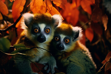 Aufkleber - An ethereal portrayal of luminescent lemurs in a soothing lullaby of colors, their forms creating a calming and dreamlike ambiance within the tropical canopy.