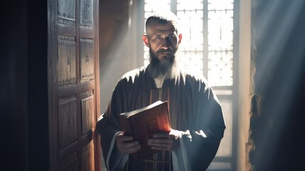 Orthodox priest in traditional robe holds open Bible standing in cell window sunlight. Christian monk prays with book in spiritual retreat. Churchman inspires reading Holy Scripture in chamber
