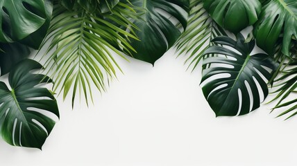 Isolate Dark green Monstera large leaves, philodendron tropical foliage plant growing in wild on white mable rock background concept for flat lay summer greenery leaf With generative ai