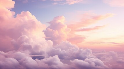 Poster - Blue sky with fluffy pink clouds at sunset, dawn of the day. Warm pastel colors, serene romantic background.