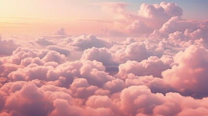 Poster - Blue sky with fluffy pink clouds at sunset, dawn of the day. Warm pastel colors, serene romantic background.