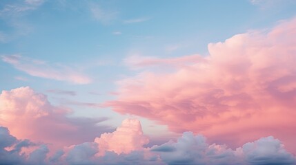 Poster - Blue sky with fluffy pink clouds at sunset, dawn of the day. Warm pastel colors, serene romantic background.